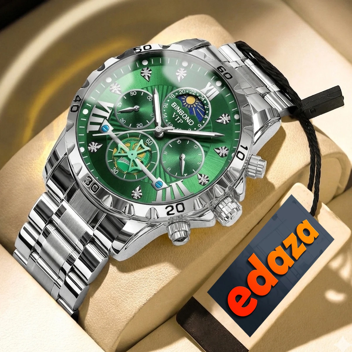 BINBOND W177 Top Brand Men Watch High end Authentic Business Night Light Waterproof Flywheel Gold Steel Belt Male Fashion Quartz Wristwatch- Green