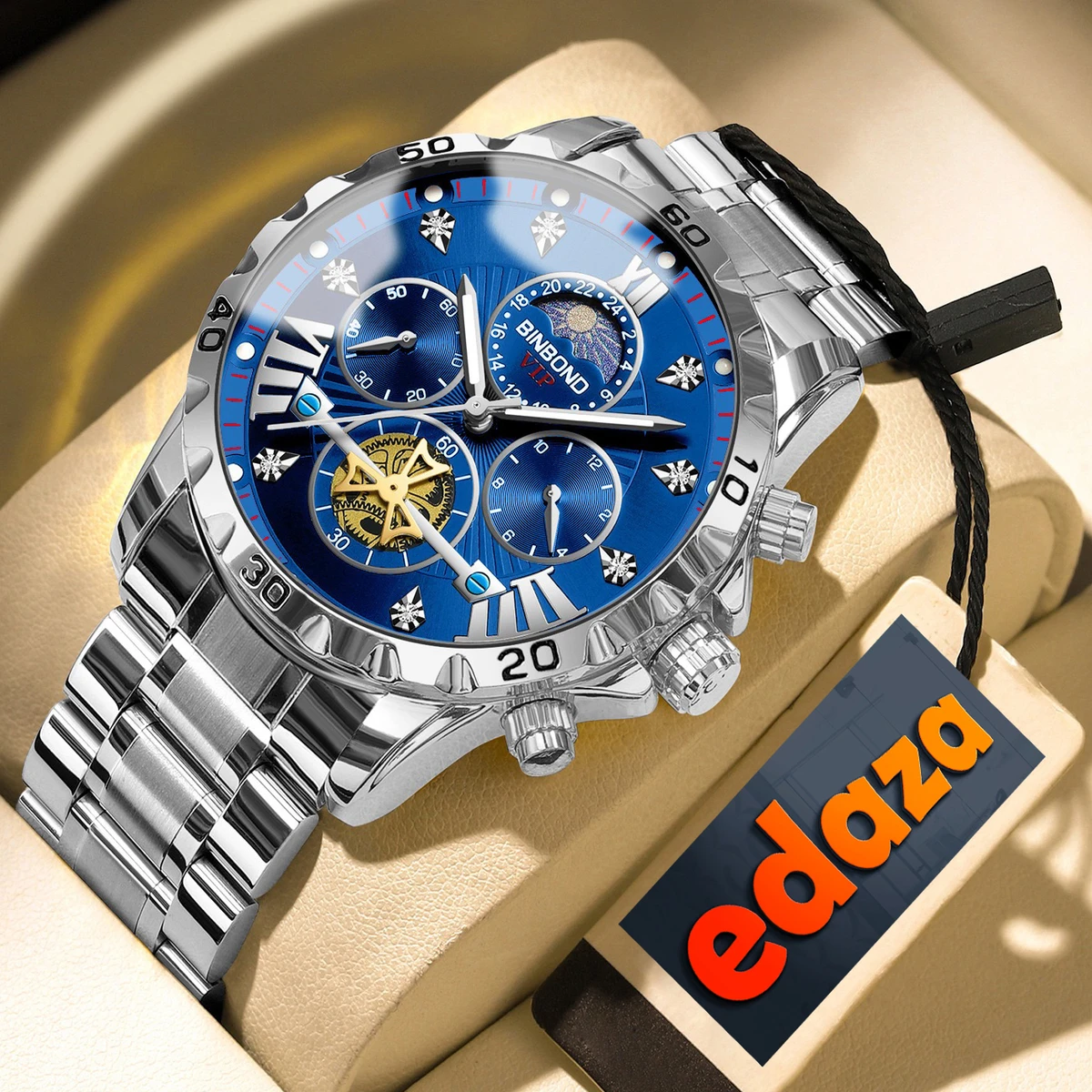 BINBOND W177 Top Brand Men Watch High end Authentic Business Night Light Waterproof Flywheel Gold Steel Belt Male Fashion Quartz Wristwatch-  Blue