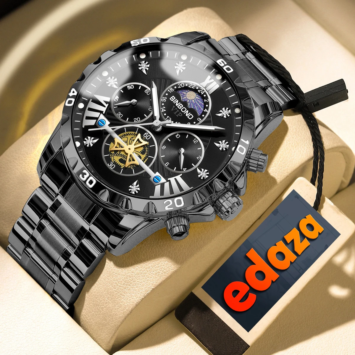 BINBOND W177 Top Brand Men Watch High end Authentic Business Night Light Waterproof Flywheel Gold Steel Belt Male Fashion Quartz Wristwatch- Black