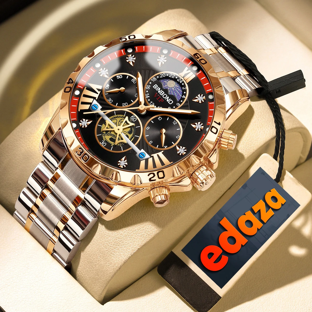 BINBOND W177 Top Brand Men Watch High end Authentic Business Night Light Waterproof Flywheel Gold Steel Belt Male Fashion Quartz Wristwatch- Golden & Black