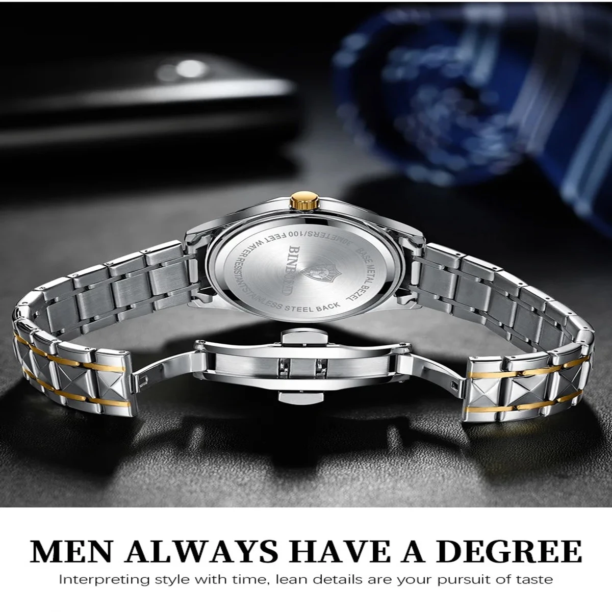 Luxury Binbond authentic men's watch waterproof night light dual calendar watch men's quartz watch diamond ceiling glass- Blue & Golden