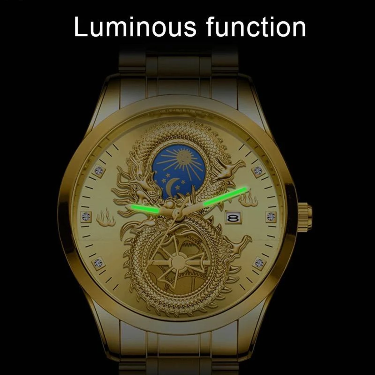 Top Men Watch Quartz Watches Luminous hands Water Resistant Moon Sport Calendar Dragon Luxury Business mens Wristwatches- Golden