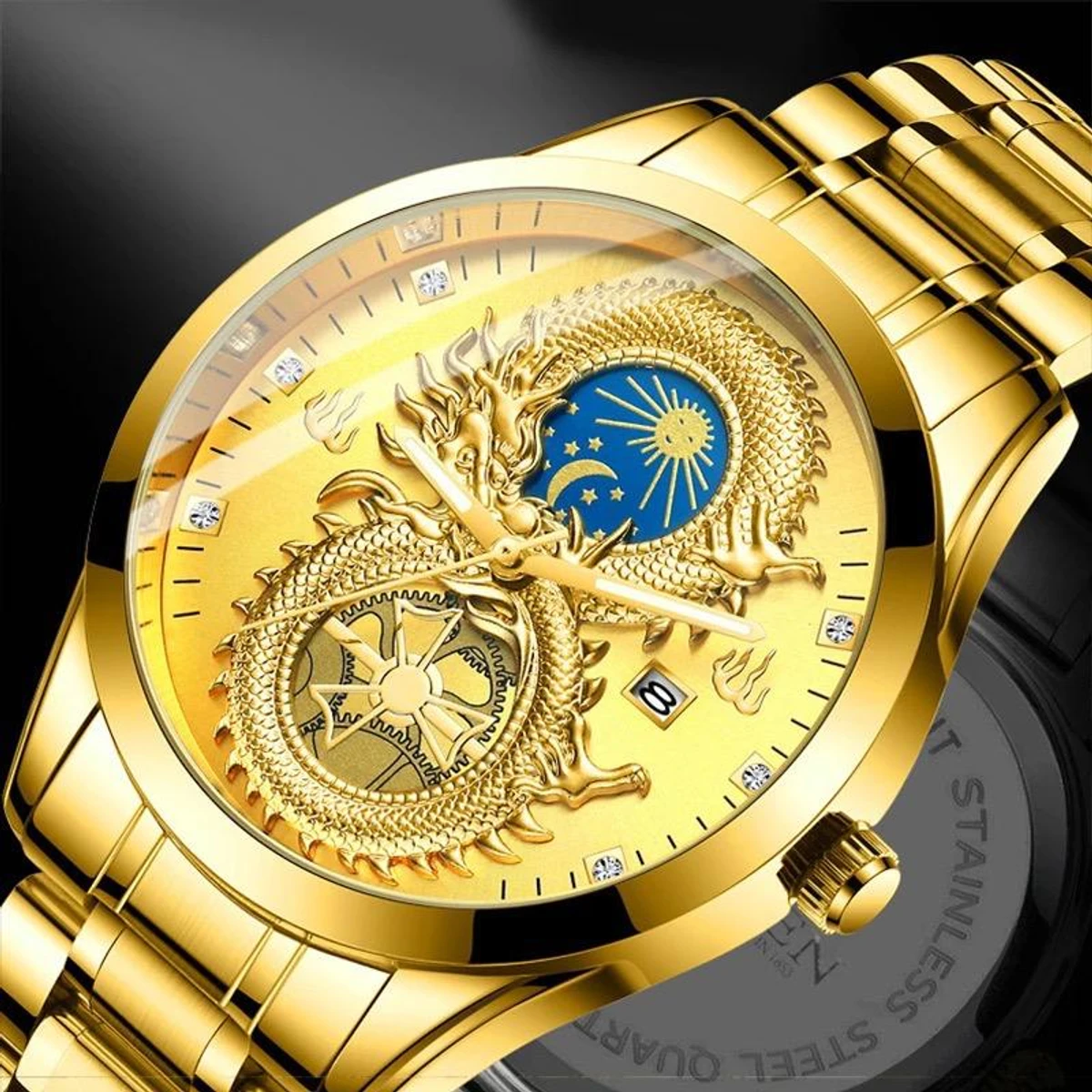 Top Men Watch Quartz Watches Luminous hands Water Resistant Moon Sport Calendar Dragon Luxury Business mens Wristwatches- Golden