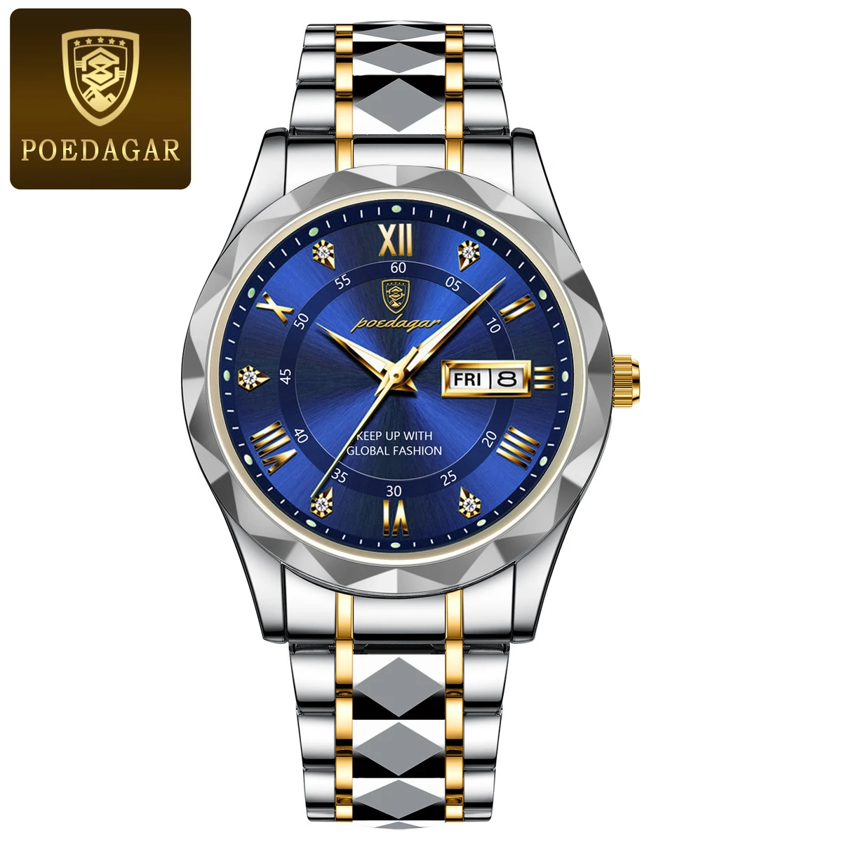 POEDAGAR Brand Fashion Mens Watch Luxury Top Business Stainless Steel Waterproof Wristwatches Male Sport Luminous Date Man Clock- Blue