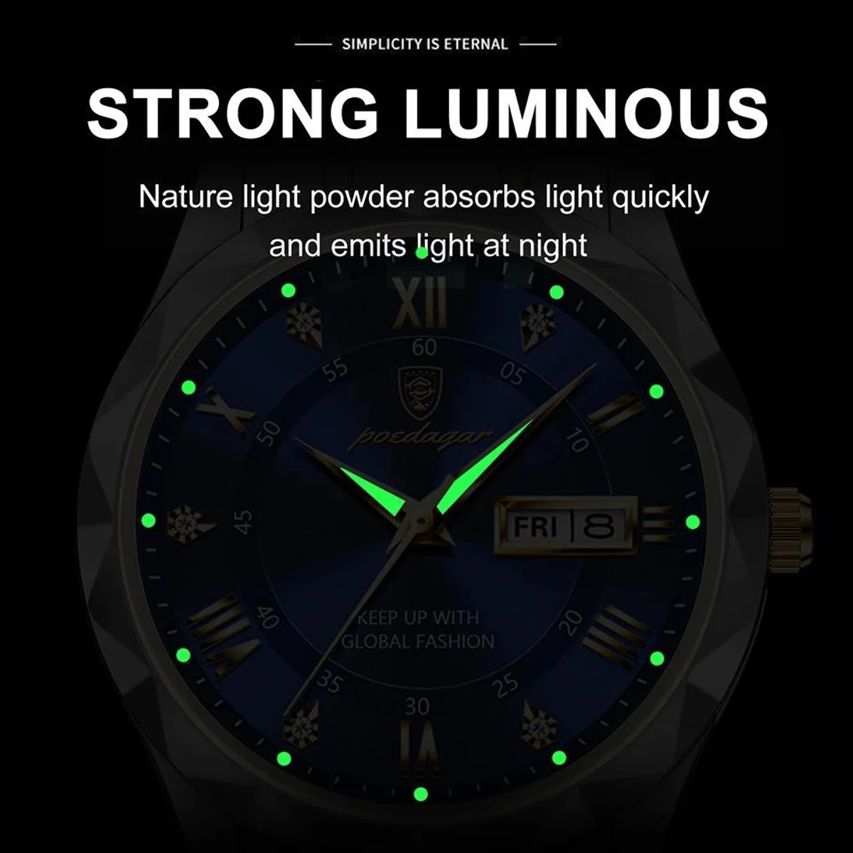 POEDAGAR Brand Fashion Mens Watch Luxury Top Business Stainless Steel Waterproof Wristwatches Male Sport Luminous Date Man Clock- Blue