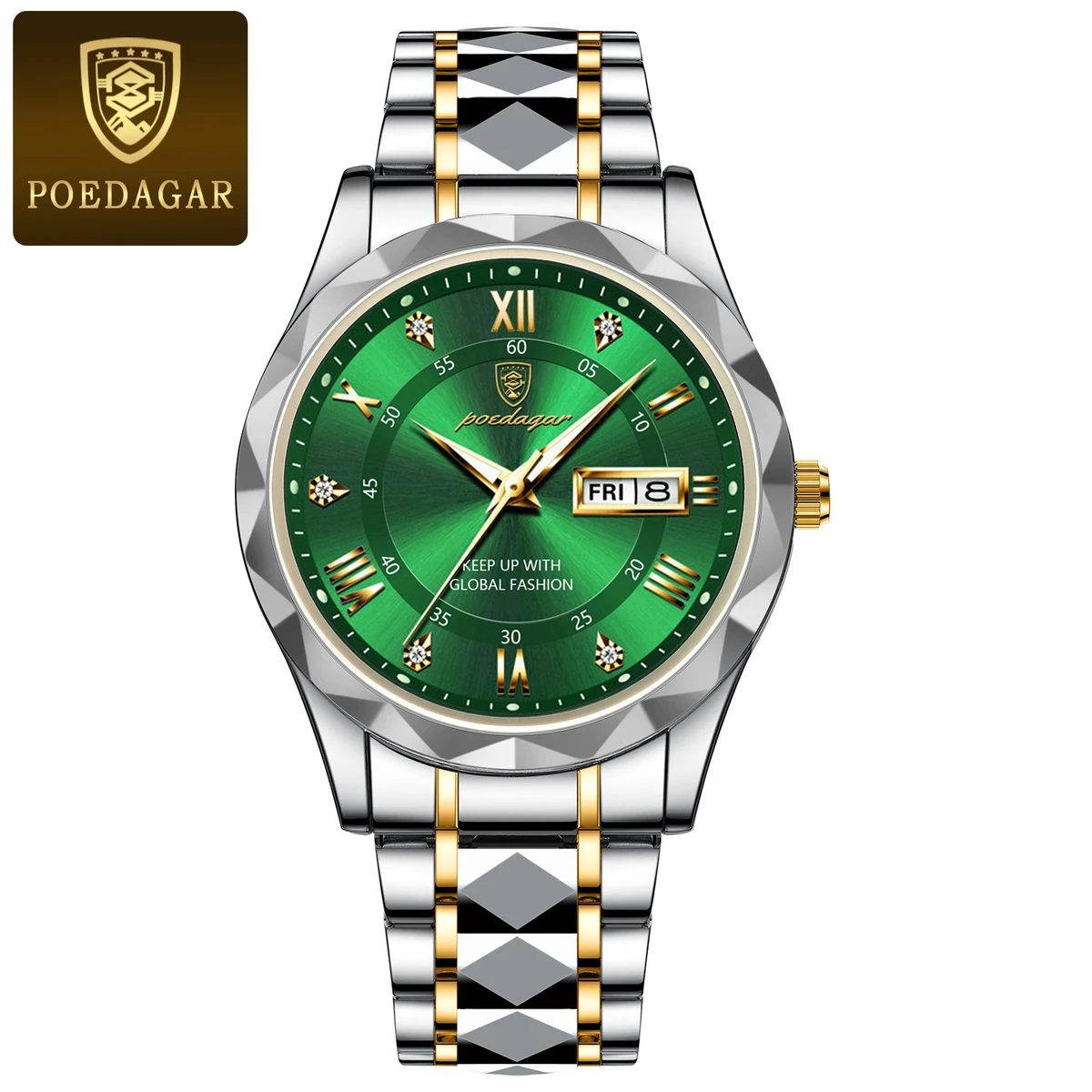 POEDAGAR Brand Fashion Mens Watch Luxury Top Business Stainless Steel Waterproof Wristwatches Male Sport Luminous Date Man Clock- Green