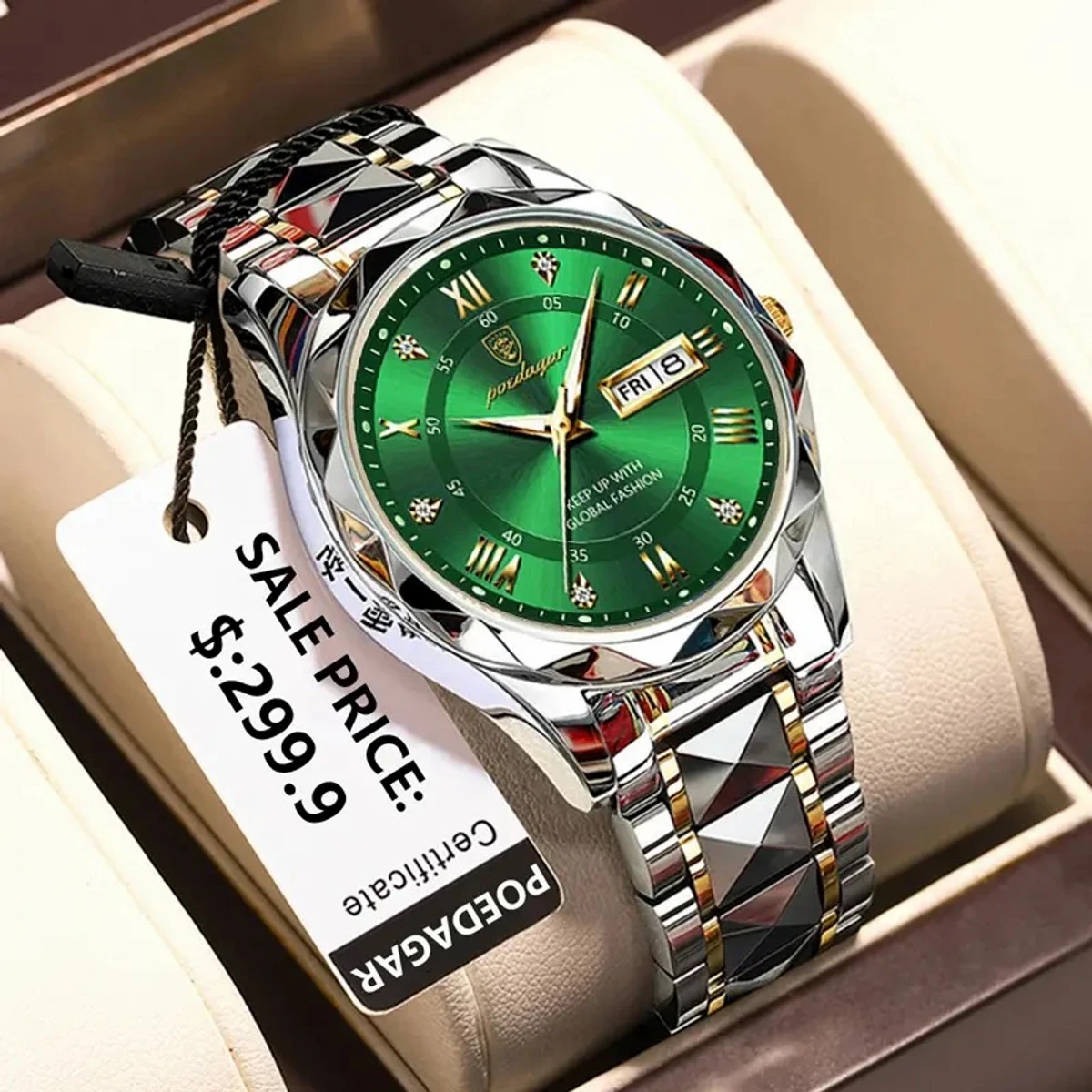 POEDAGAR Brand Fashion Mens Watch Luxury Top Business Stainless Steel Waterproof Wristwatches Male Sport Luminous Date Man Clock- Green