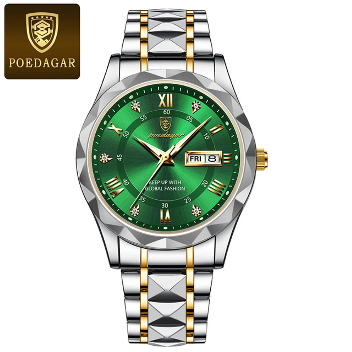POEDAGAR Brand Fashion Mens Watch Luxury Top Business Stainless Steel Waterproof Wristwatches Male Sport Luminous Date Man Clock- Green