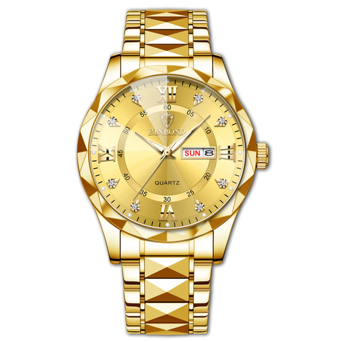 Luxury Binbond authentic men's watch waterproof night light dual calendar watch men's quartz watch diamond ceiling glass- Golden