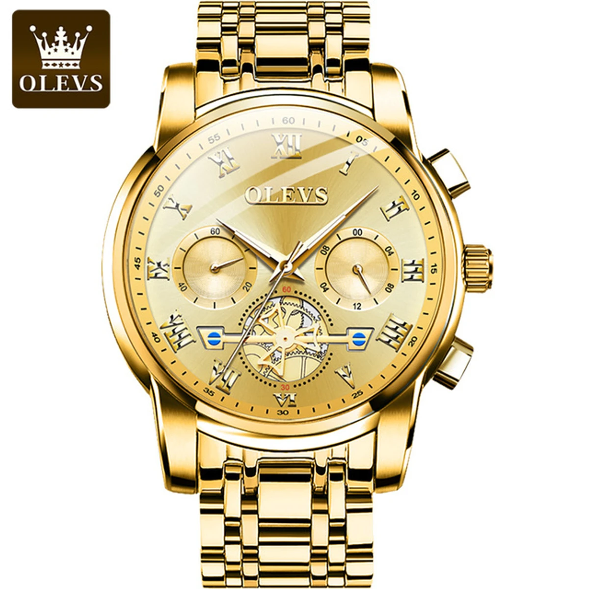 Olevs 2859 Stainless Steel premium quality waterproof Chronograph Watch-  Golden