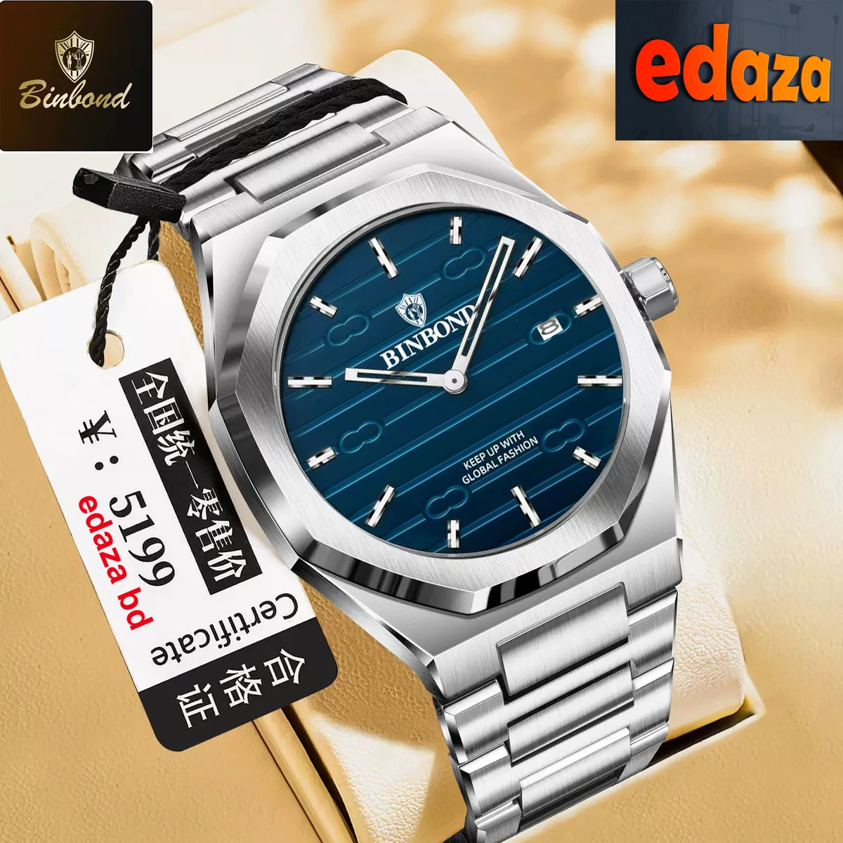 BINBOND 818 Brand Casual Men's Quartz Watch Octagonal Waterproof Night Light Luxurious And Fashionable Men's Quartz Watch Silver & Blue