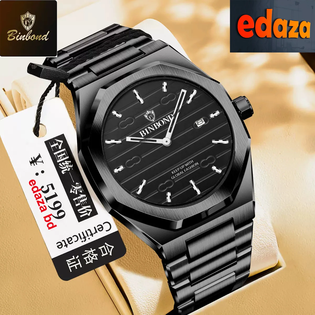 BINBOND 818 Brand Casual Men's Quartz Watch Octagonal Waterproof Night Light Luxurious And Fashionable Men's Quartz Watch- Black