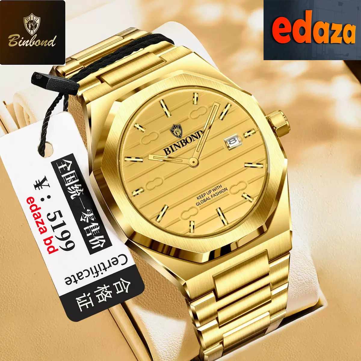 BINBOND 818 Brand Casual Men's Quartz Watch Octagonal Waterproof Night Light Luxurious And Fashionable Men's Quartz Watch- Golden