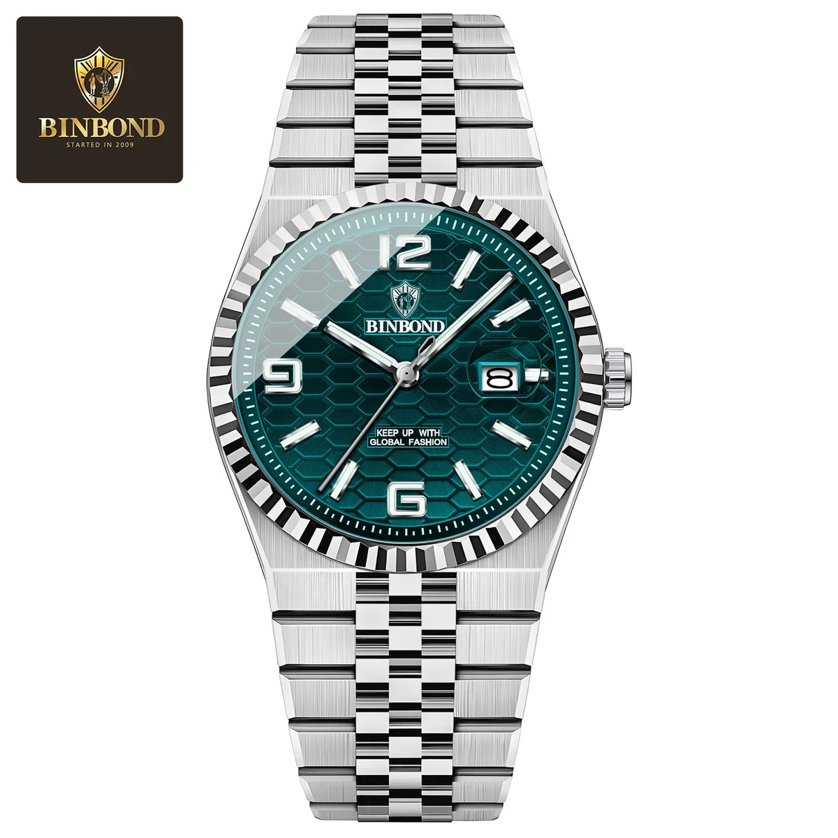 Binbond V0057 Men's Watch Brand Authentic blue Business Steel Belt Calendar Night Light Waterproof Male Fashion Quartz Clock Wristwatches- Green