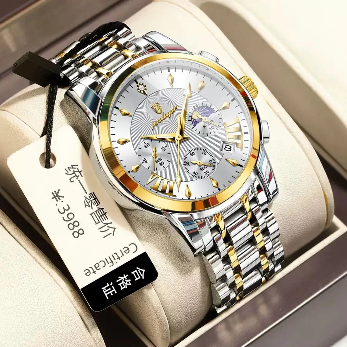 POEDAGAR 813 POEDAGAR Luxury Fashion Watch Men Waterproof Luminous Date non active Chronograph Watches Man Quartz Military Stainless Steel Men's Watches-Silver & Golden
