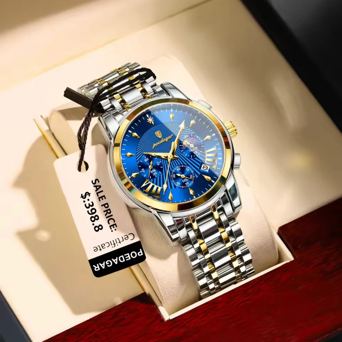 POEDAGAR 813 POEDAGAR Luxury Fashion Watch Men Waterproof Luminous Date non active Chronograph Watches Man Quartz Military Stainless Steel Men's Watches-Blue & Golden