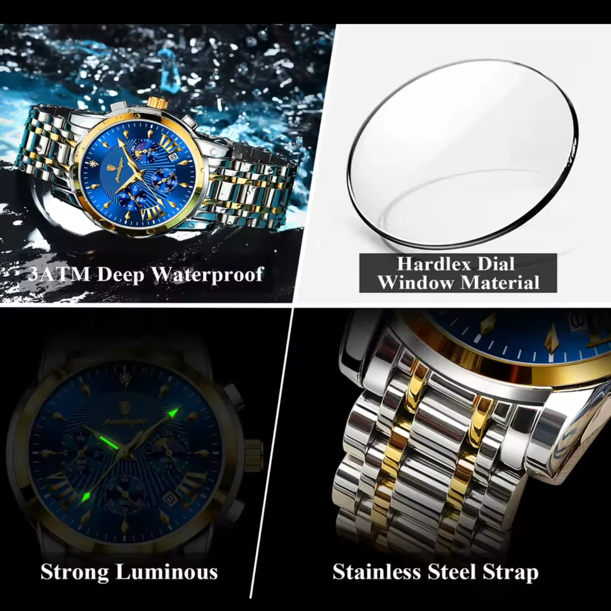 POEDAGAR 813 POEDAGAR Luxury Fashion Watch Men Waterproof Luminous Date non active Chronograph Watches Man Quartz Military Stainless Steel Men's Watches-Blue & Golden