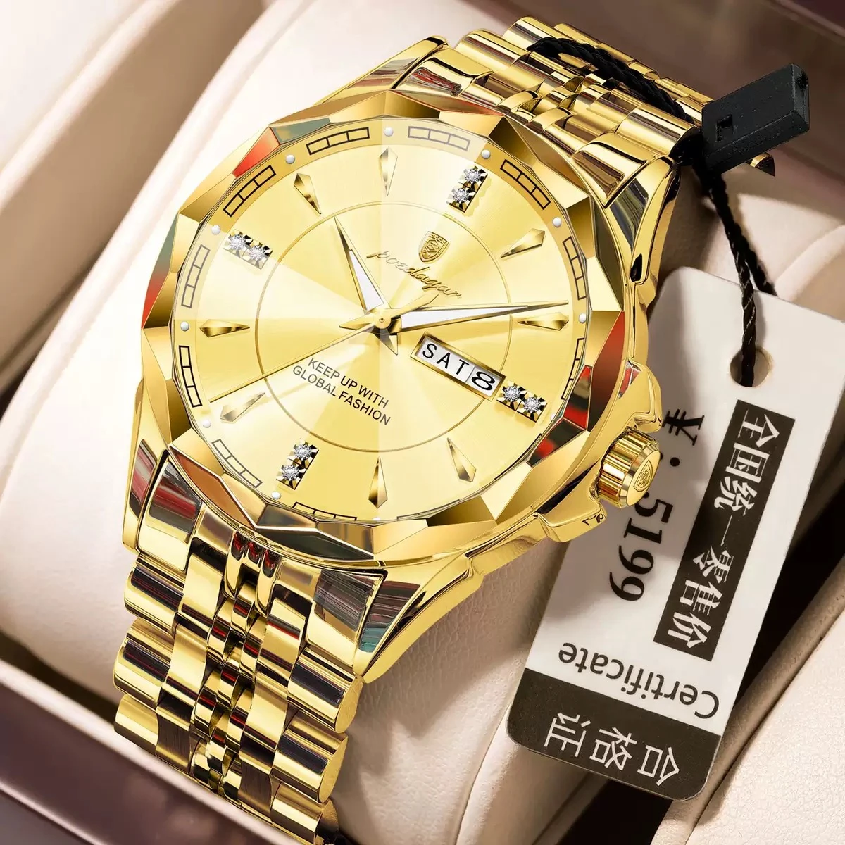 POEDAGAR 674 High Quality Original Men Clock Waterproof Luminous Date Week Top Luxury Man Watch Stainless Steel Quartz Men's Watches-  Golden
