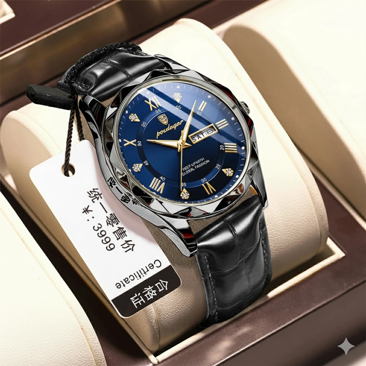 POEDAGAR New Fashion Blue Quartz Watch for Men High Quality Leather Waterproof Luminous Date Week Mens Watches Top Brand Luxury- Black & Blue