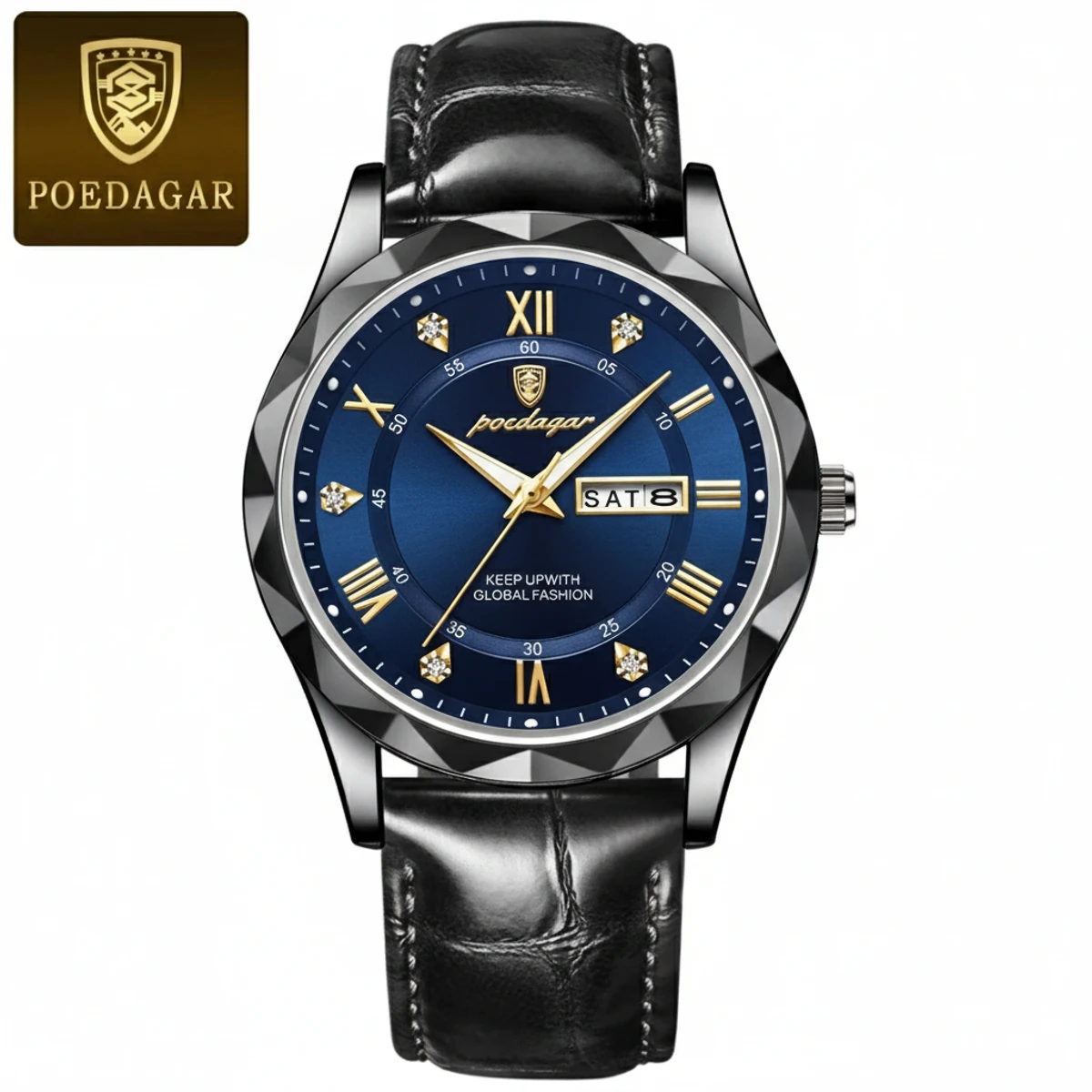 POEDAGAR New Fashion Blue Quartz Watch for Men High Quality Leather Waterproof Luminous Date Week Mens Watches Top Brand Luxury- Black & Blue