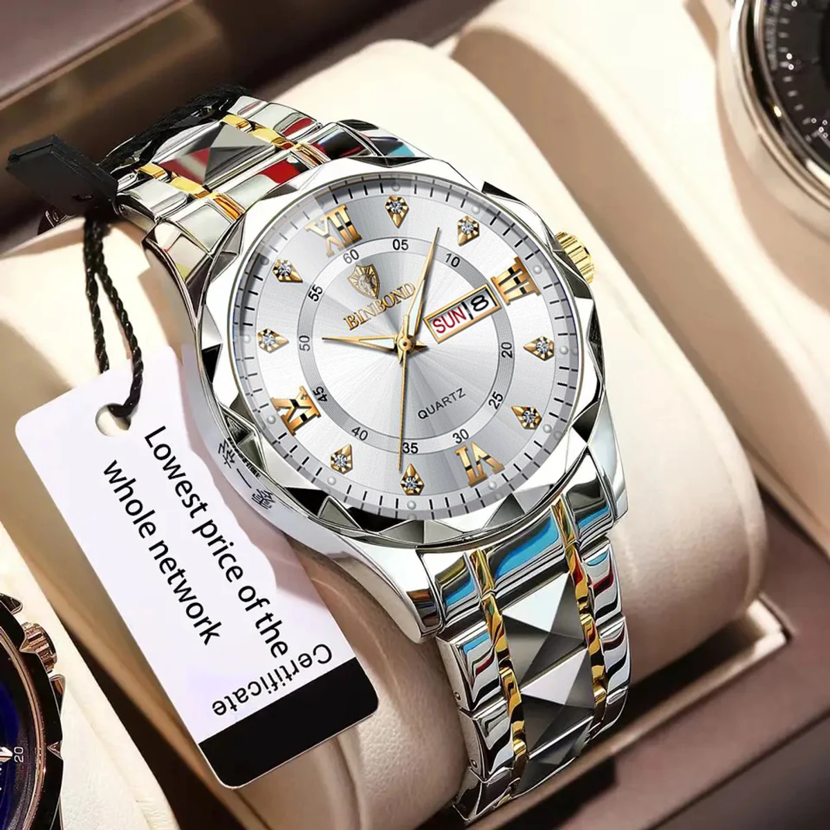 Luxury Binbond authentic men's watch waterproof night light dual calendar watch men's quartz watch diamond ceiling glass- Silver