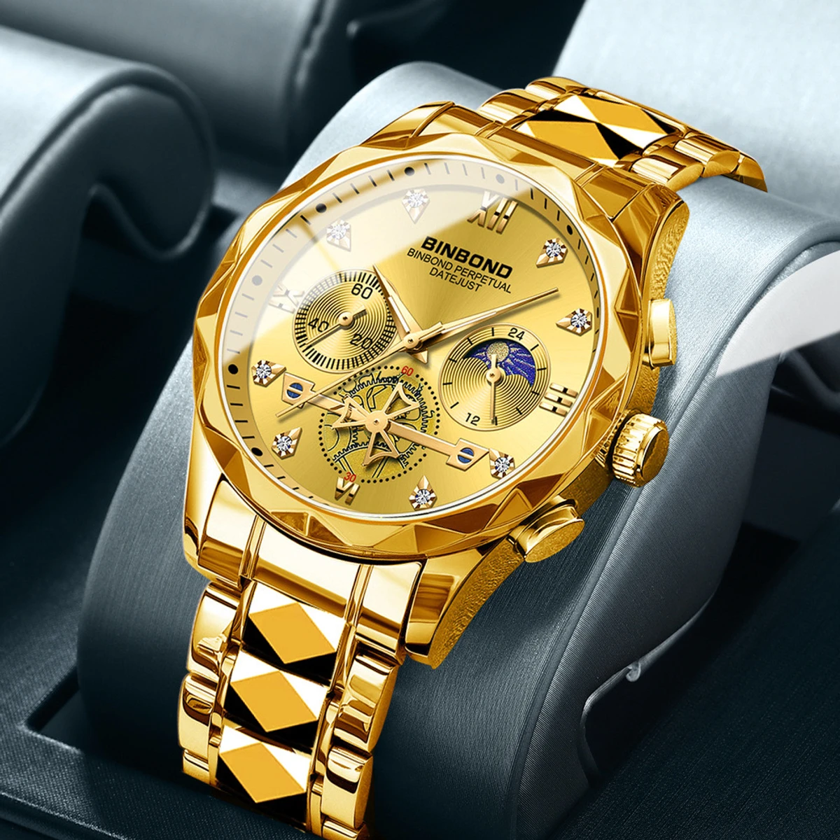 New Luxury Diamond Watch For Men Stainless Steel Waterproof Chronograph Luminous Date Business Sport Wristwatches- Golden