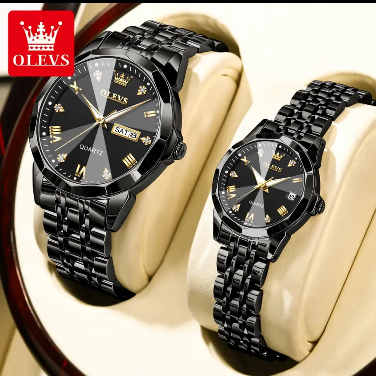 Combo Couple watch 2 pcs 2025New Luxury OLEVS MODEL 9931 Watch for Men Stainless Steel Waterproof Watches UNISEX- Black
