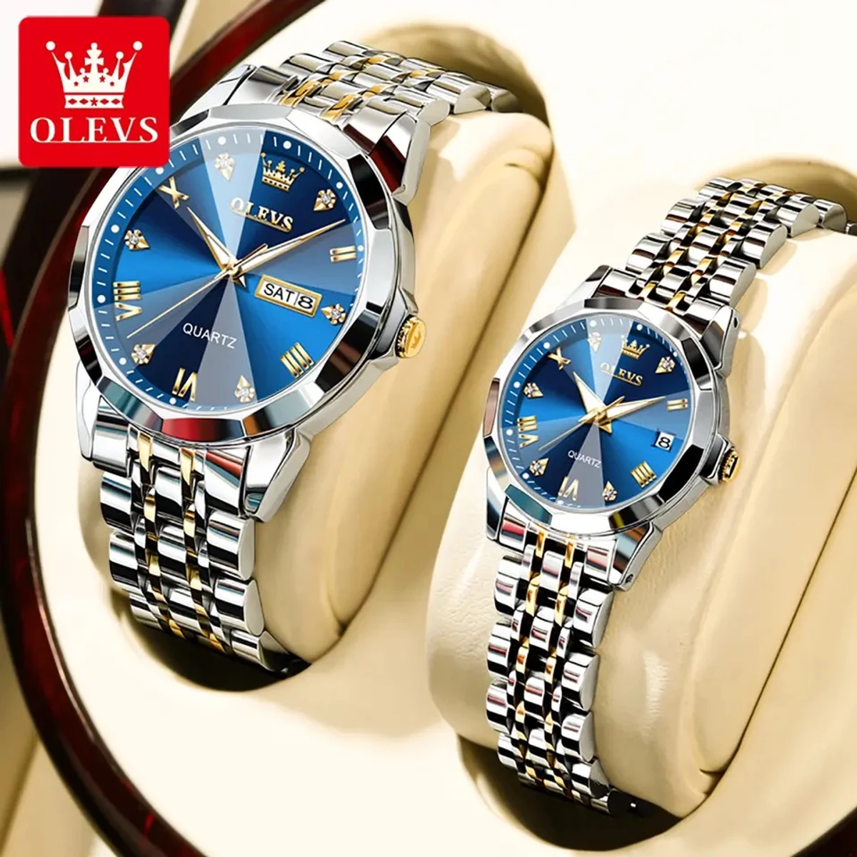 Combo Couple watch 2 pcs 2025 New Luxury OLEVS MODEL 9931 Watch for Men Stainless Steel Waterproof Watches UNISEX- Blue
