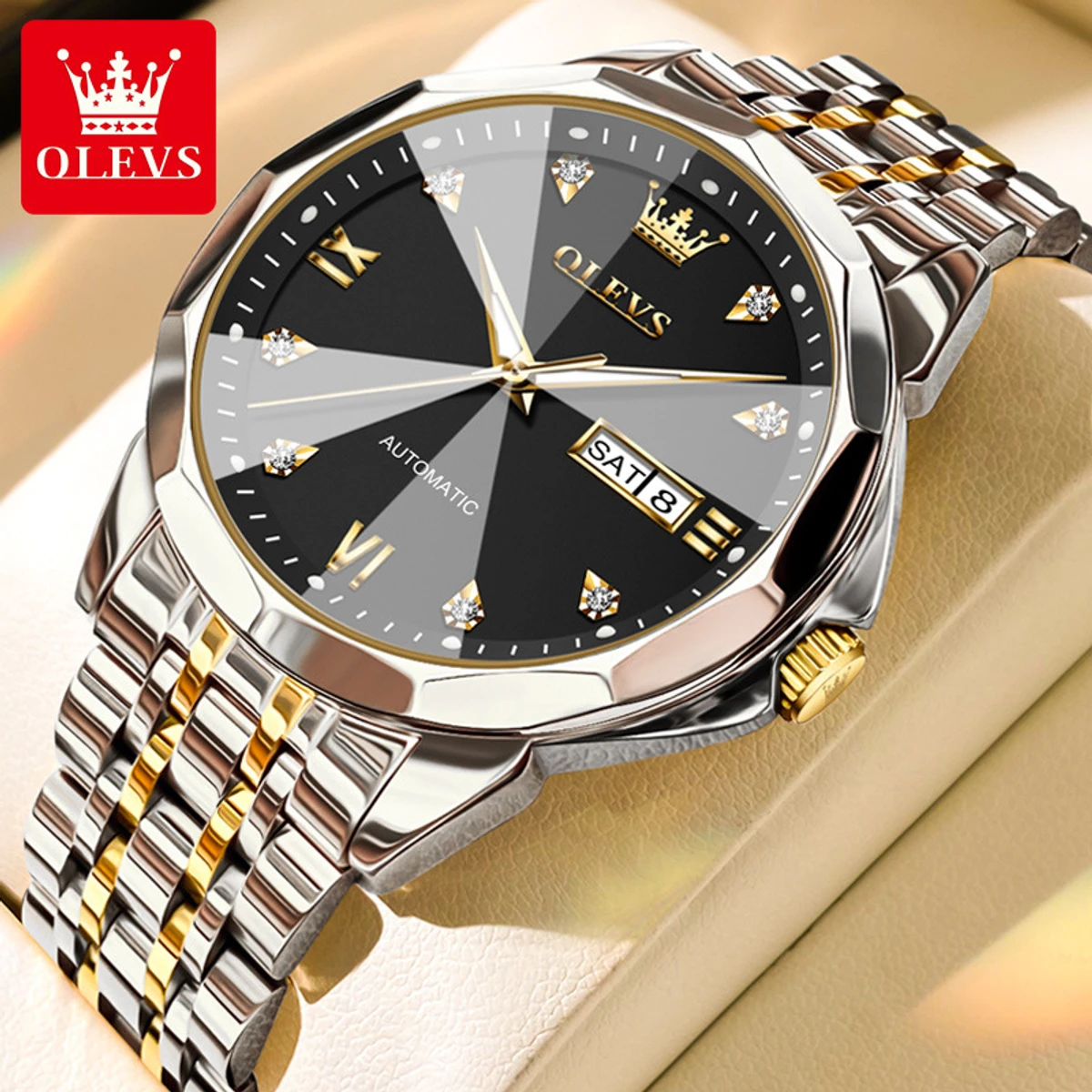 OLEVS 9931 Quartz Watch For Men Rhombus Mirror Stainless Steel Waterproof Auto Date Week Clock Simplicity Luxury Men's Wristwatch- Black & Silver