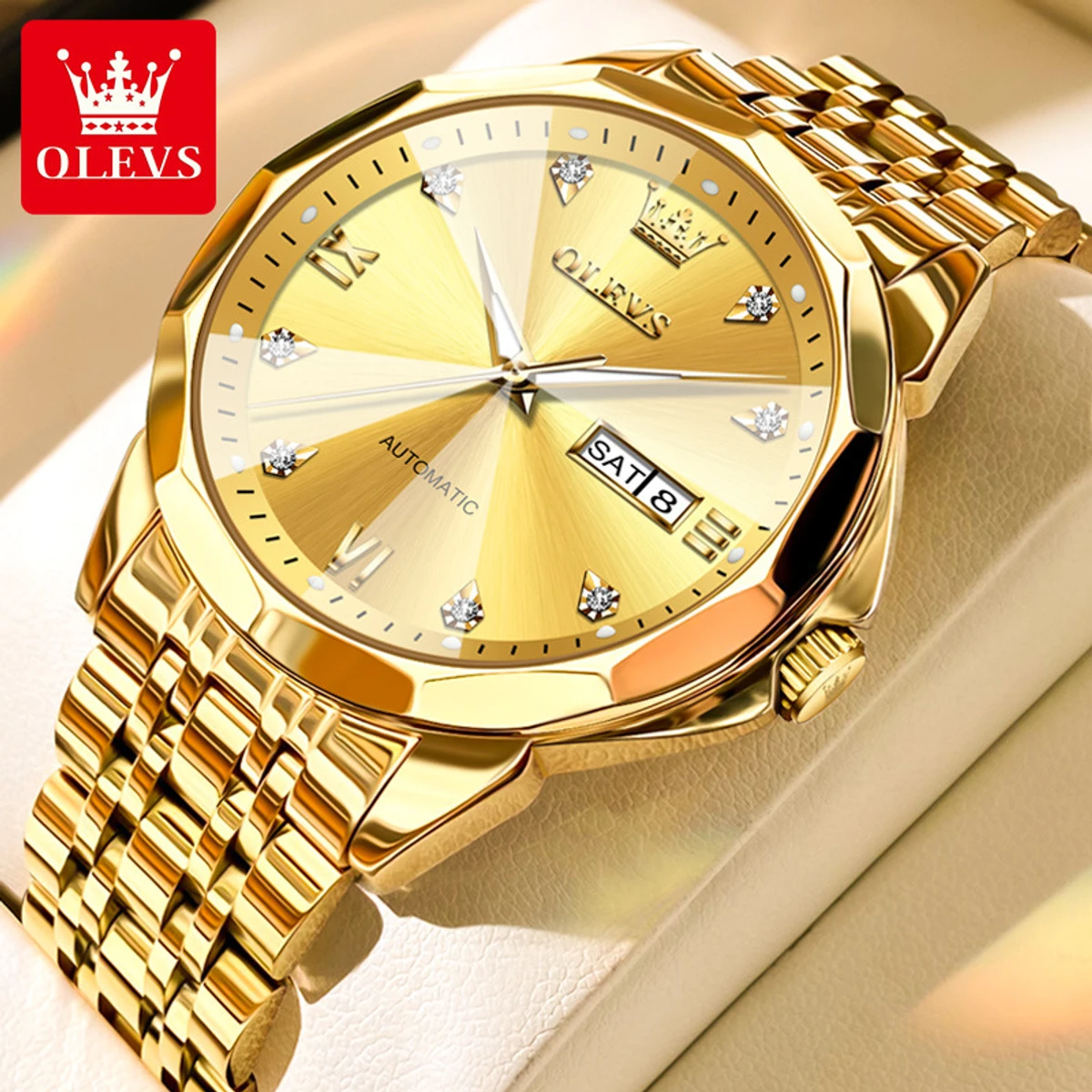 OLEVS 9931 Quartz Watch For Men Rhombus Mirror Stainless Steel Waterproof  Date Week Clock Simplicity Luxury Men's Wristwatch- Golden