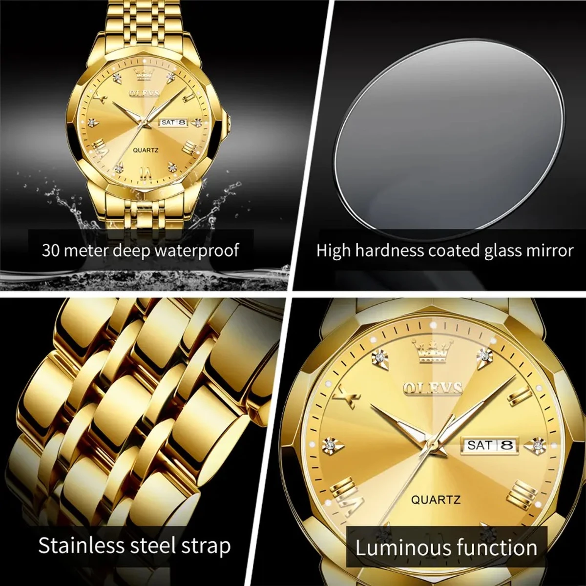 OLEVS 9931 Quartz Watch For Men Rhombus Mirror Stainless Steel Waterproof  Date Week Clock Simplicity Luxury Men's Wristwatch- Golden
