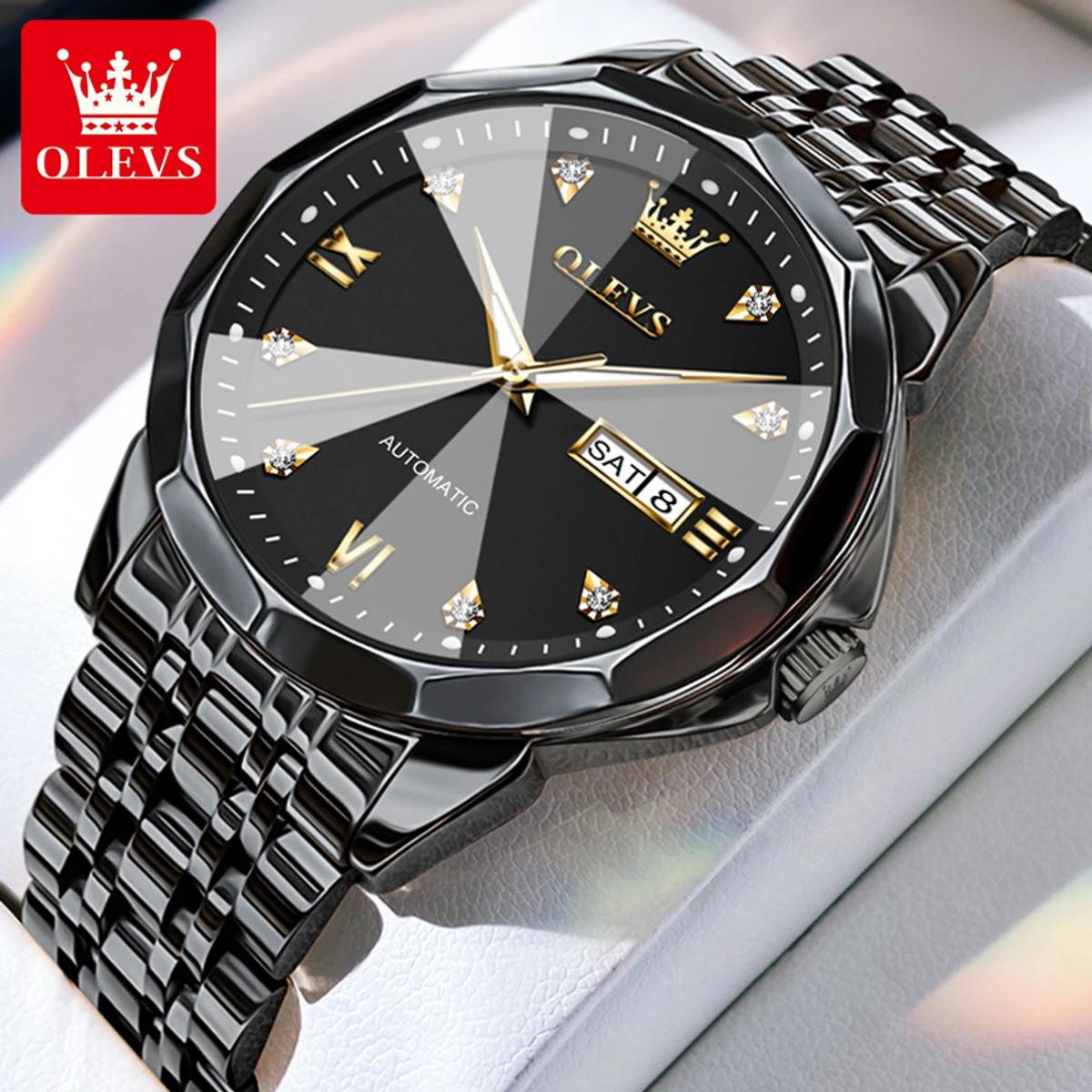 OLEVS 9931 Quartz Watch For Men Rhombus Mirror Stainless Steel Waterproof Auto Date Week Clock Simplicity Luxury Men's Wristwatch- Black