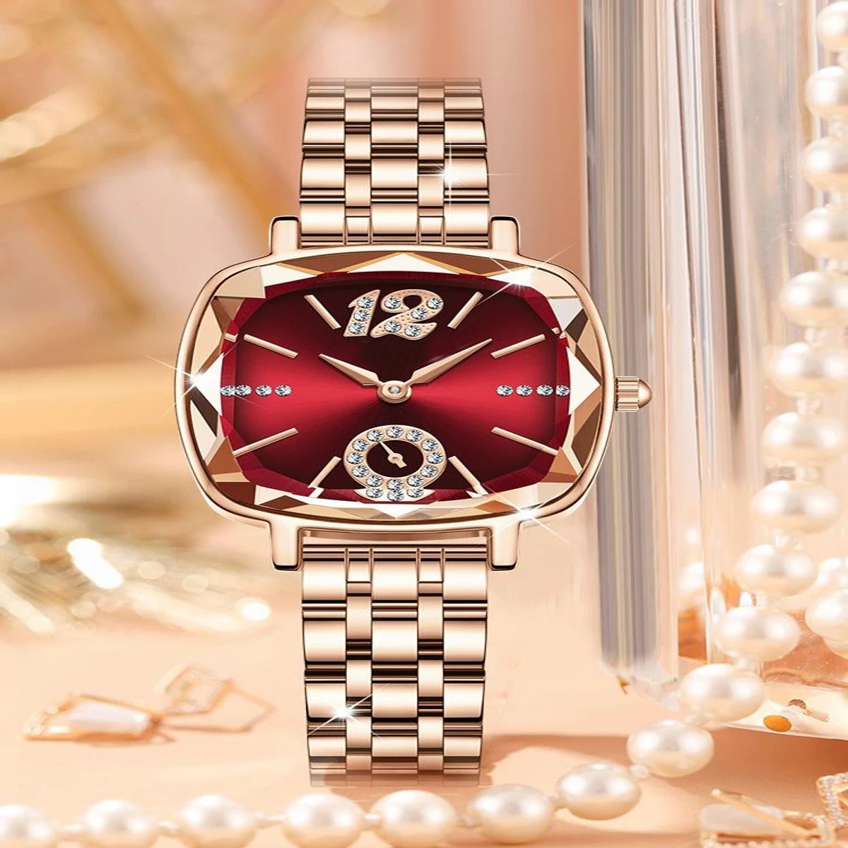 CRRJU Waterproof Ladies Wristwatch with Sparkling Rhinestone Dial and Stainless Steel Band- Golden Red