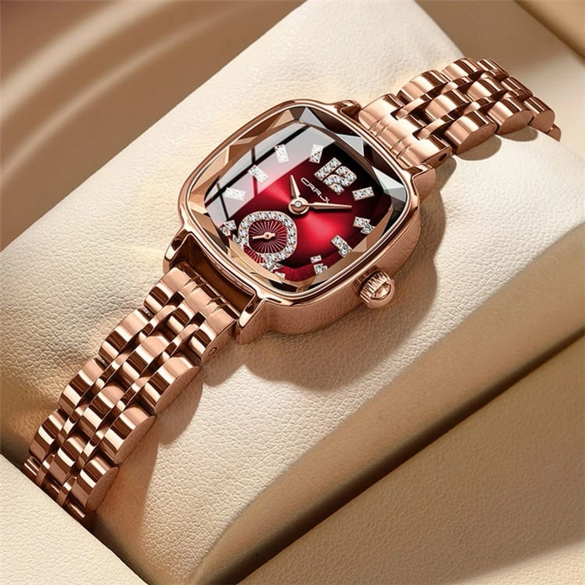 CRRJU Waterproof Ladies Wristwatch with Sparkling Rhinestone Dial and Stainless Steel Band- Golden Red