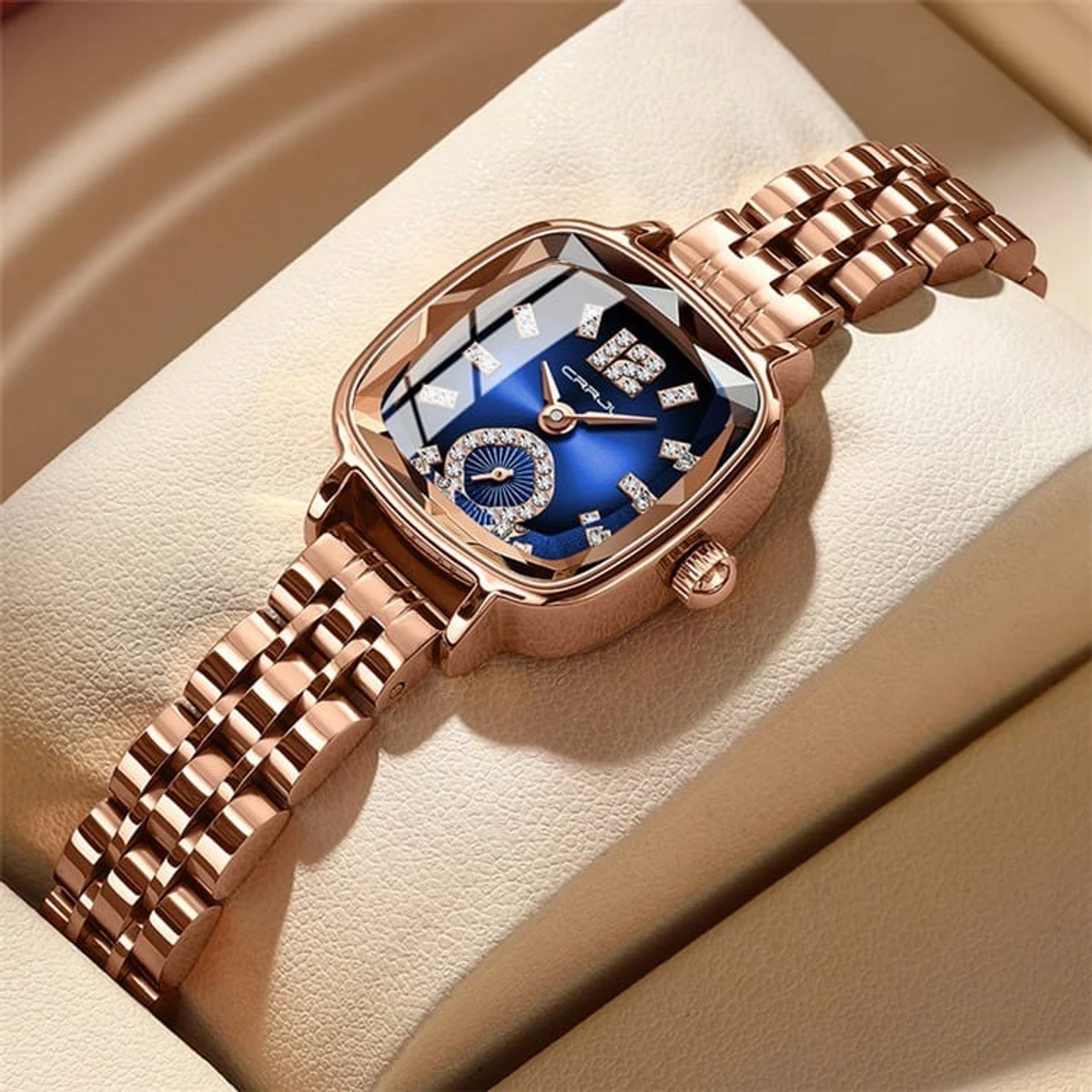 CRRJU Waterproof Ladies Wristwatch with Sparkling Rhinestone Dial and Stainless Steel Band- Golden Blue