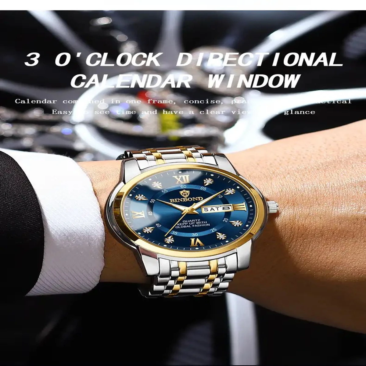 Binbond Men's Luxury Watch Elegant Dating Week Waterproof and Luminous Men's Watch Quartz Stainless Steel Sports Men's Watch- Black