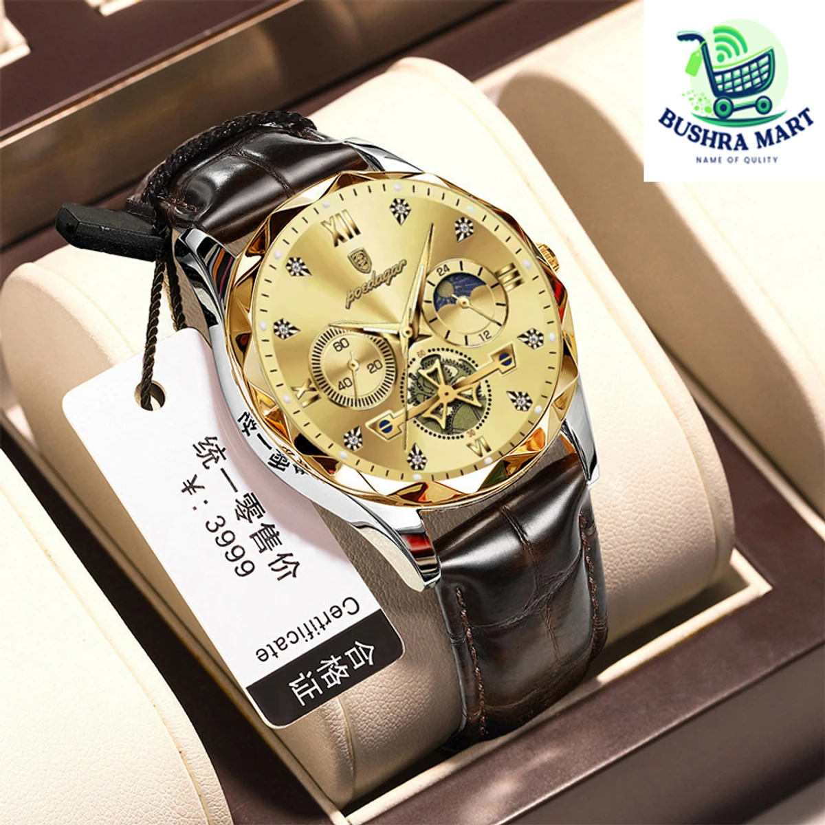 POEDAGAR Con belt Luxury Watch for Men Leather Man Wristwatch Quartz- Golden