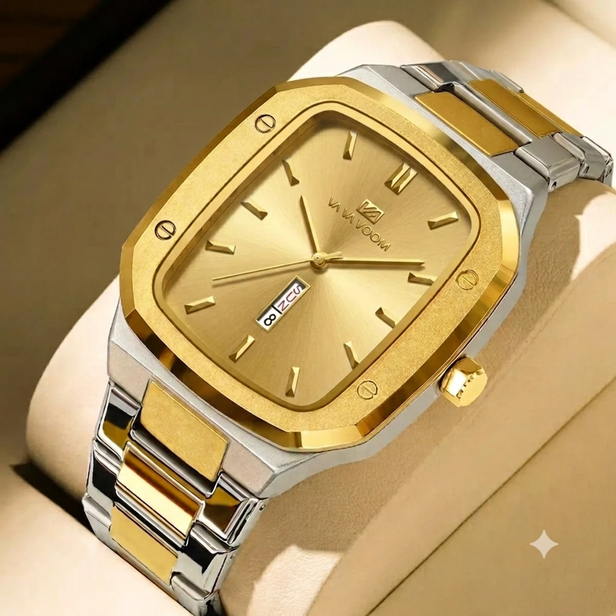 VAVA VOOM V0029 Men Watch High End Business Waterproof Creative Double Calendar High Quality Steel Strip Male Fashion Quartz Clock Watches - Golden & Silver & Golden