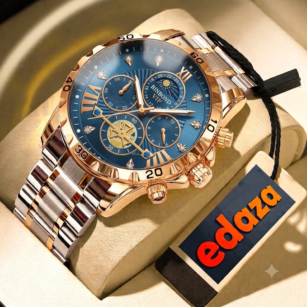 BINBOND W177 Top Brand Men Watch High end Authentic Business Night Light Waterproof Flywheel Gold Steel Belt Male Fashion Quartz Wristwatch- Blue & Golden