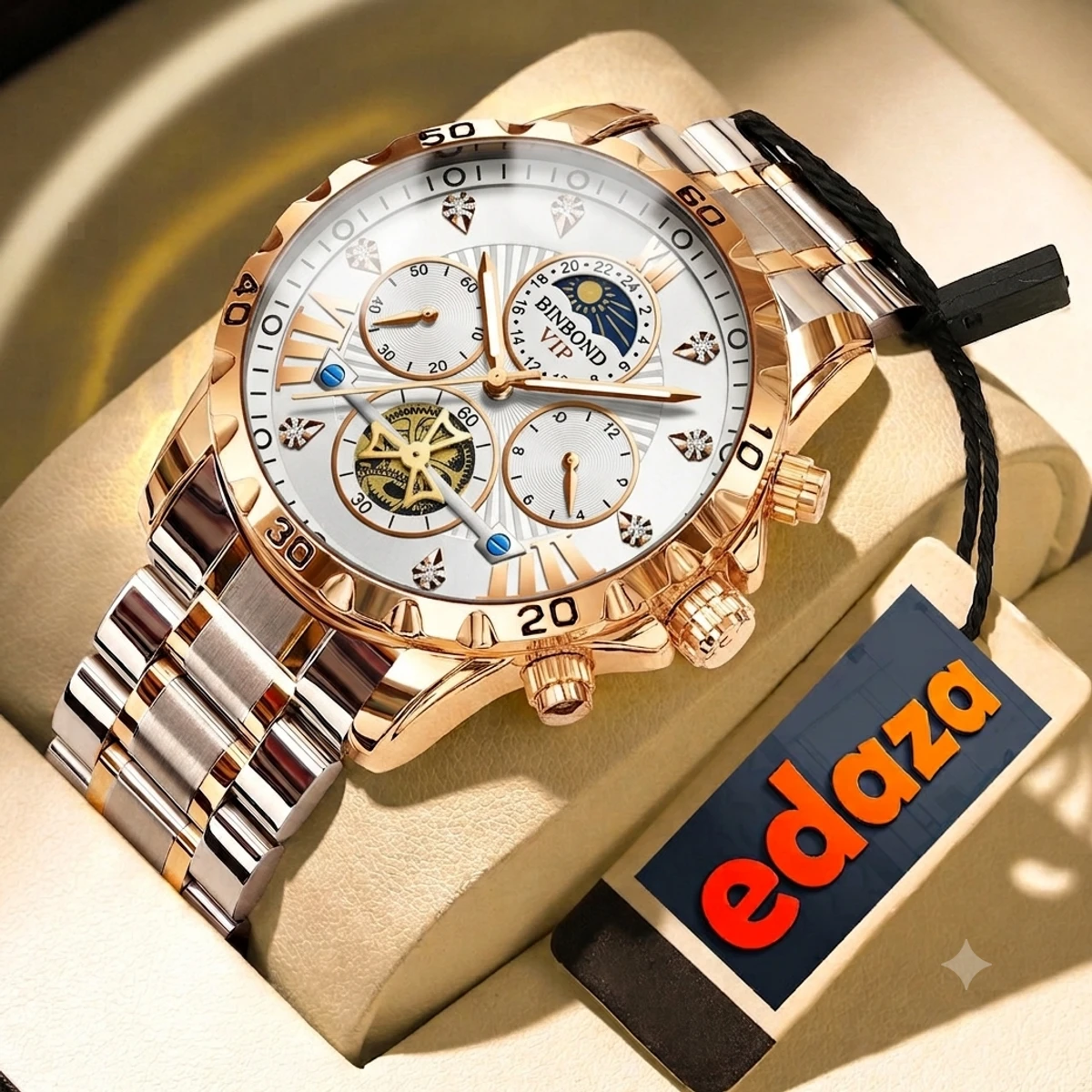 BINBOND W177 Top Brand Men Watch High end Authentic Business Night Light Waterproof Flywheel Gold Steel Belt Male Fashion Quartz Wristwatch- Silver & Golden