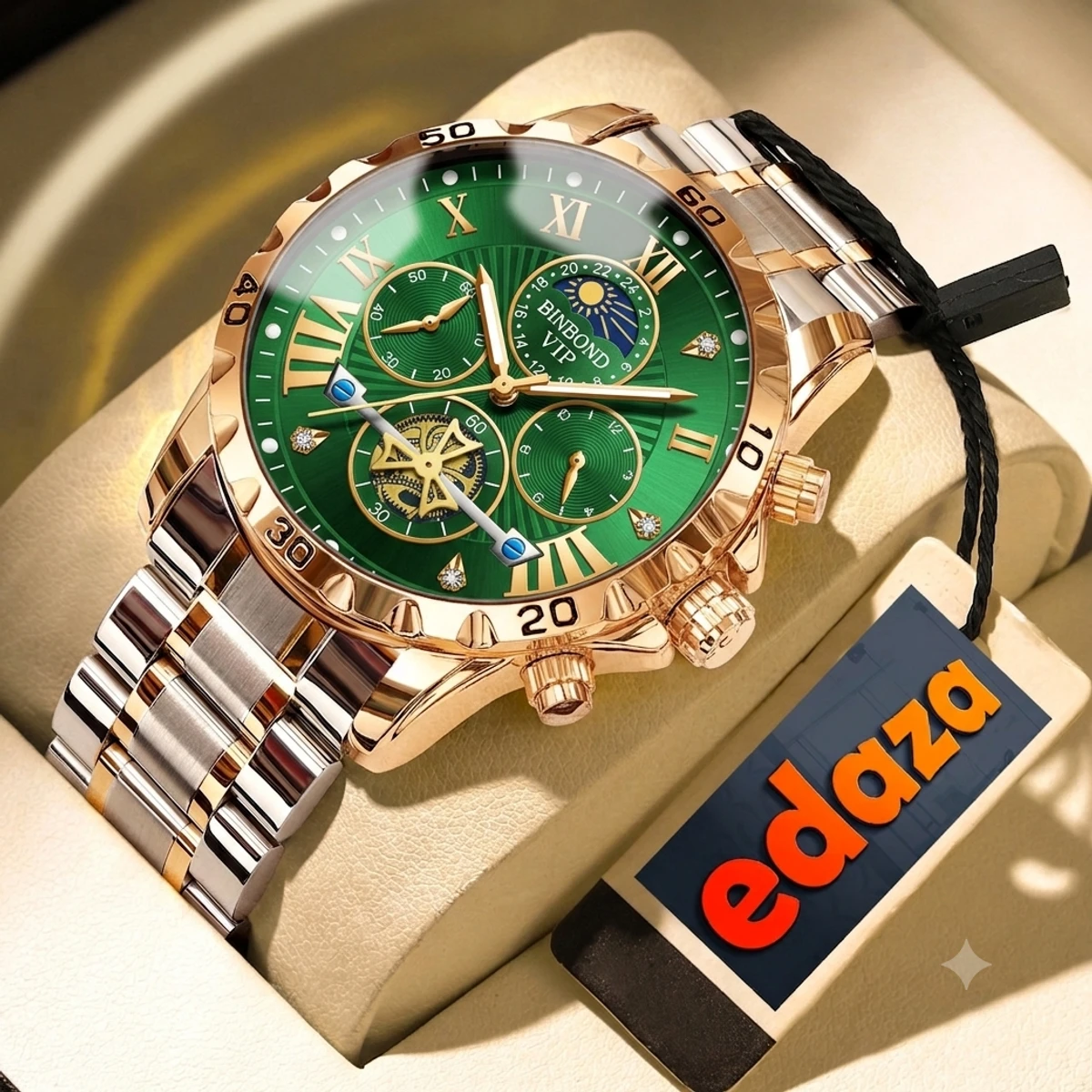 BINBOND W177 Top Brand Men Watch High end Authentic Business Night Light Waterproof Flywheel Gold Steel Belt Male Fashion Quartz Wristwatch- Green & Golden