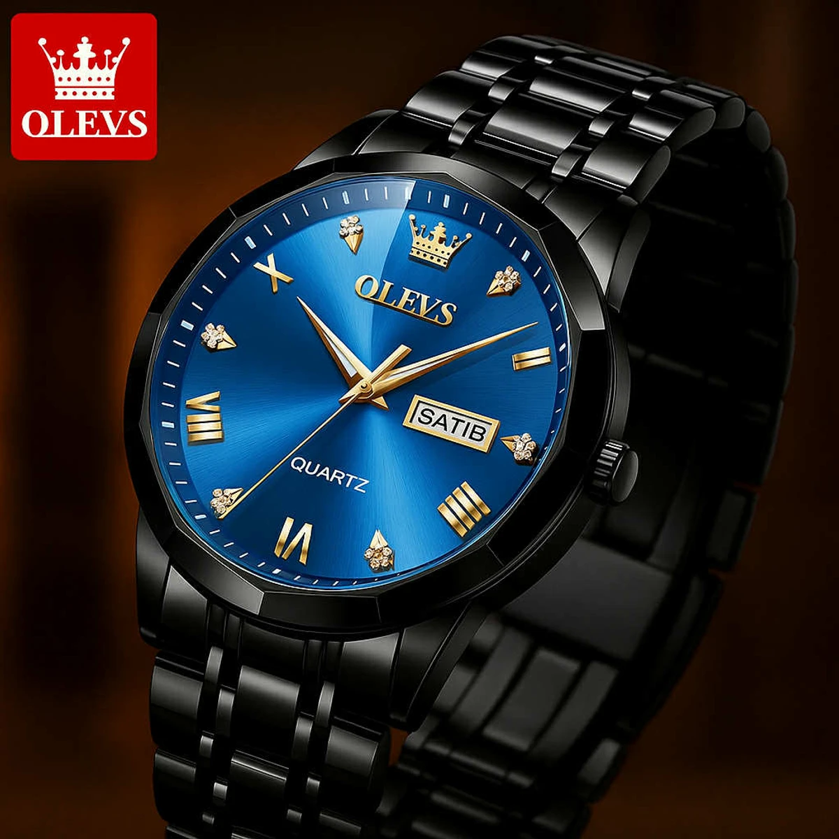 OLEVS 9931 Day Quartz Watch For Men Rhombus Mirror Stainless Steel Waterproof Date Clock Simplicity Luxury Men's Wristwatch- Black & Blue