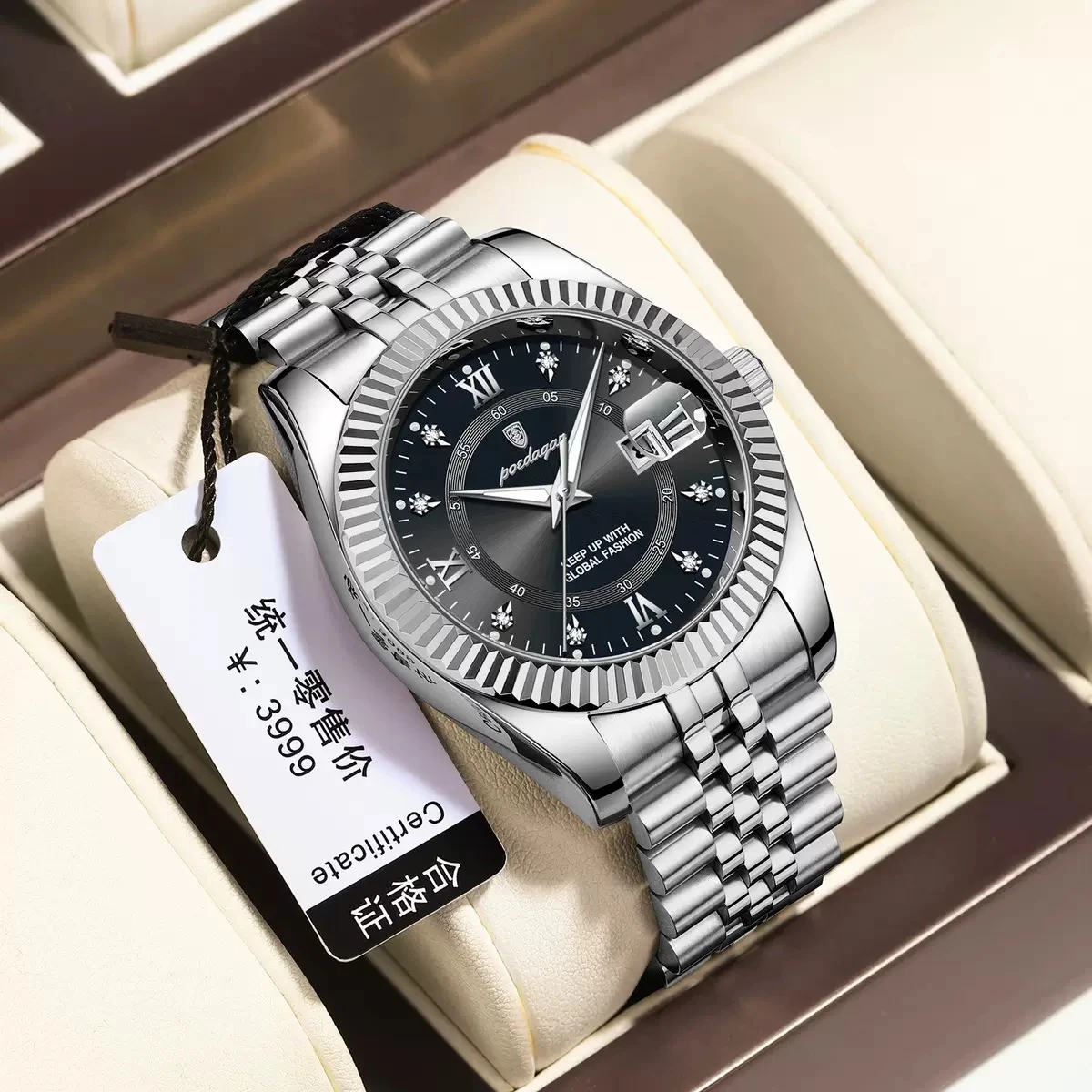 POEDAGAR 910 Luxury Style Men's Watches Trend Fashion Wristwatch Original Quartz Watch for Man- Silver & Black