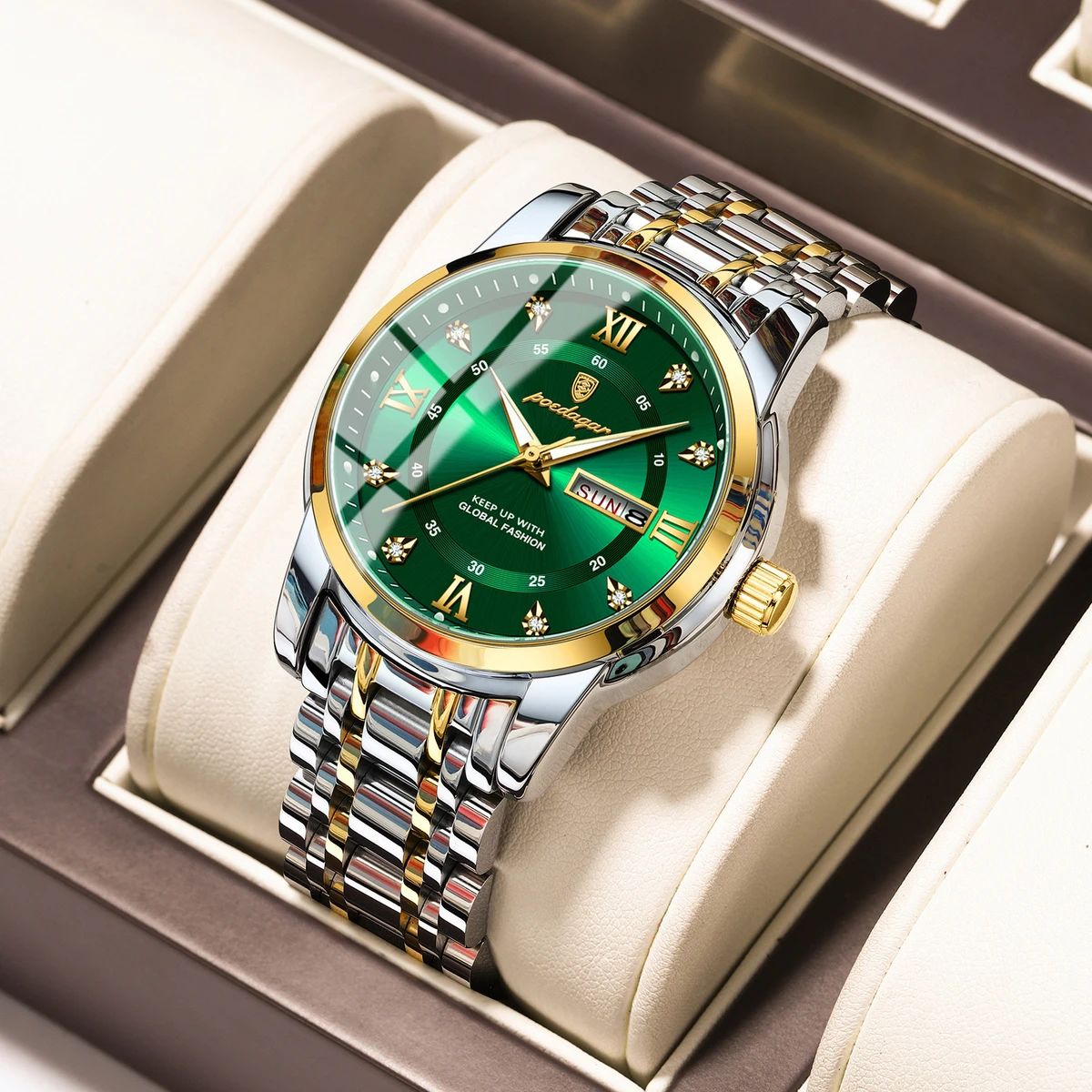 POEDAGAR Luxury Watch for Man Elegant Date Week Waterproof Luminous Men Watch Quartz Stainless Steel Sports Men's Watches- Green