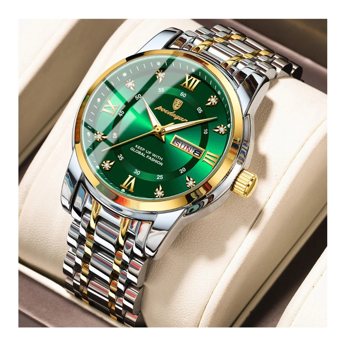 POEDAGAR Luxury Watch for Man Elegant Date Week Waterproof Luminous Men Watch Quartz Stainless Steel Sports Men's Watches- Green