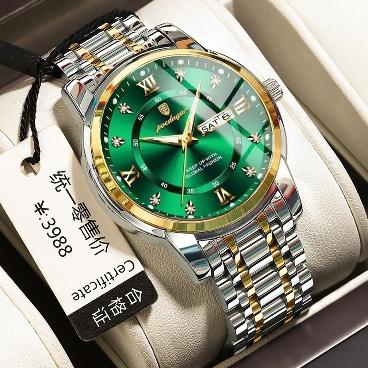 POEDAGAR Luxury Watch for Man Elegant Date Week Waterproof Luminous Men Watch Quartz Stainless Steel Sports Men's Watches- Green