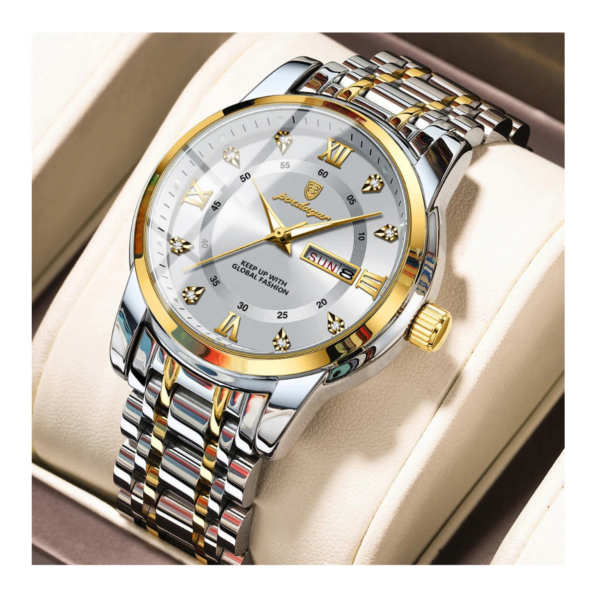 POEDAGAR Luxury Watch for Man Elegant Date Week Waterproof Luminous Men Watch Quartz Stainless Steel Sports Men's Watches- Silver & Golden