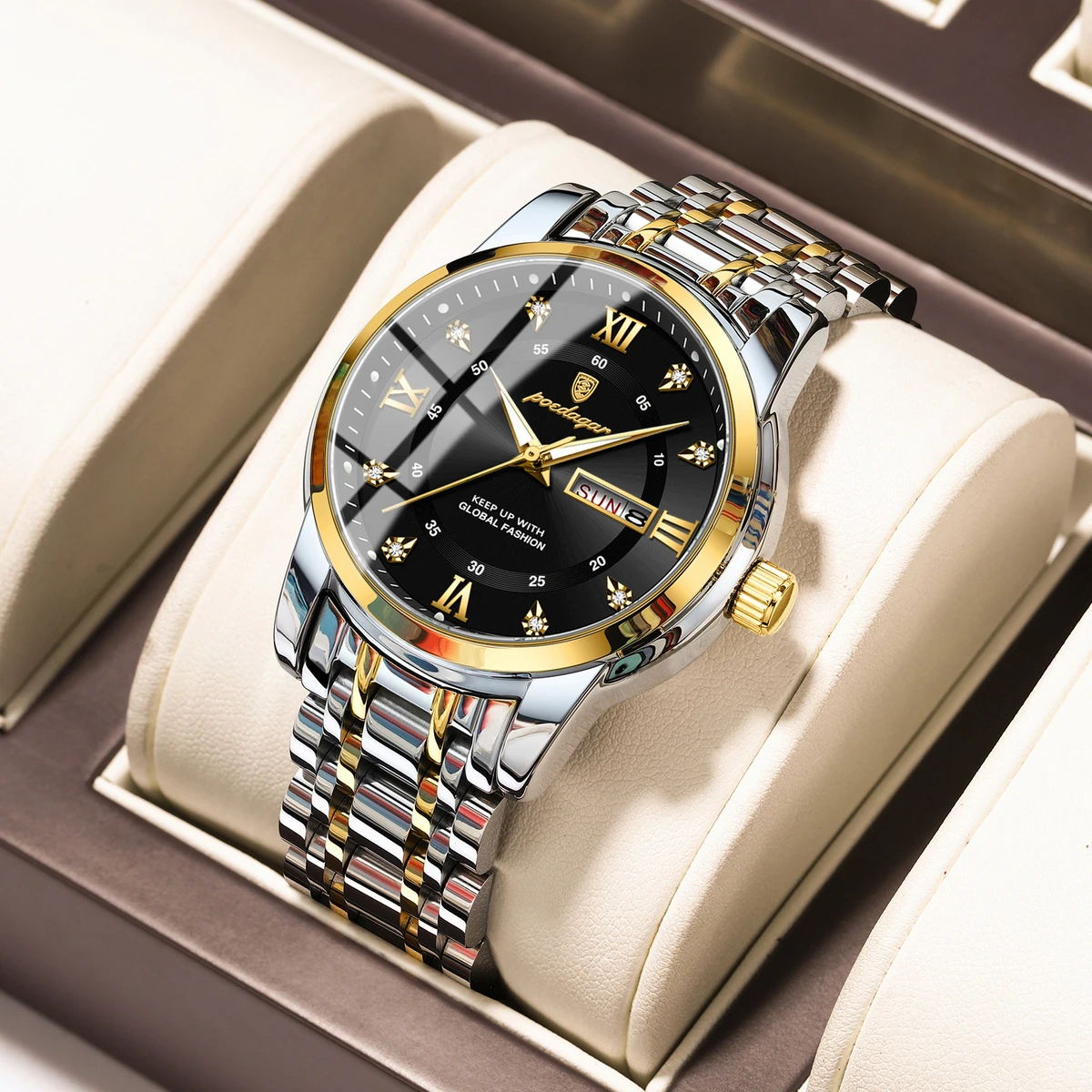 POEDAGAR Luxury Watch for Man Elegant Date Week Waterproof Luminous Men Watch Quartz Stainless Steel Sports Men's Watches- Black & silver