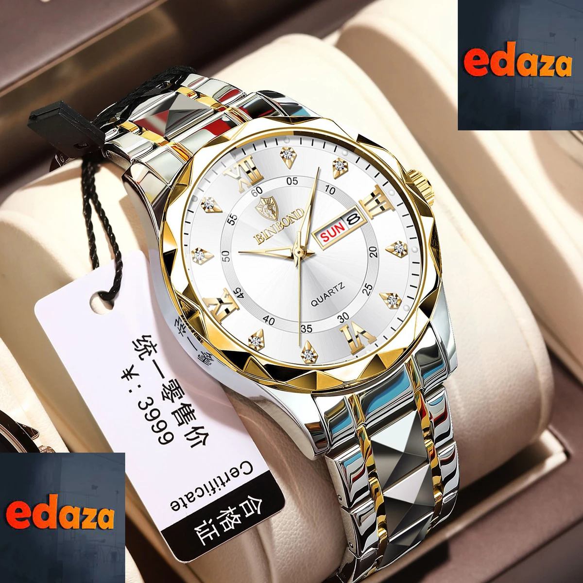 Luxury Binbond authentic men's watch waterproof night light dual calendar watch men's quartz watch diamond ceiling glass- Silver & Golden