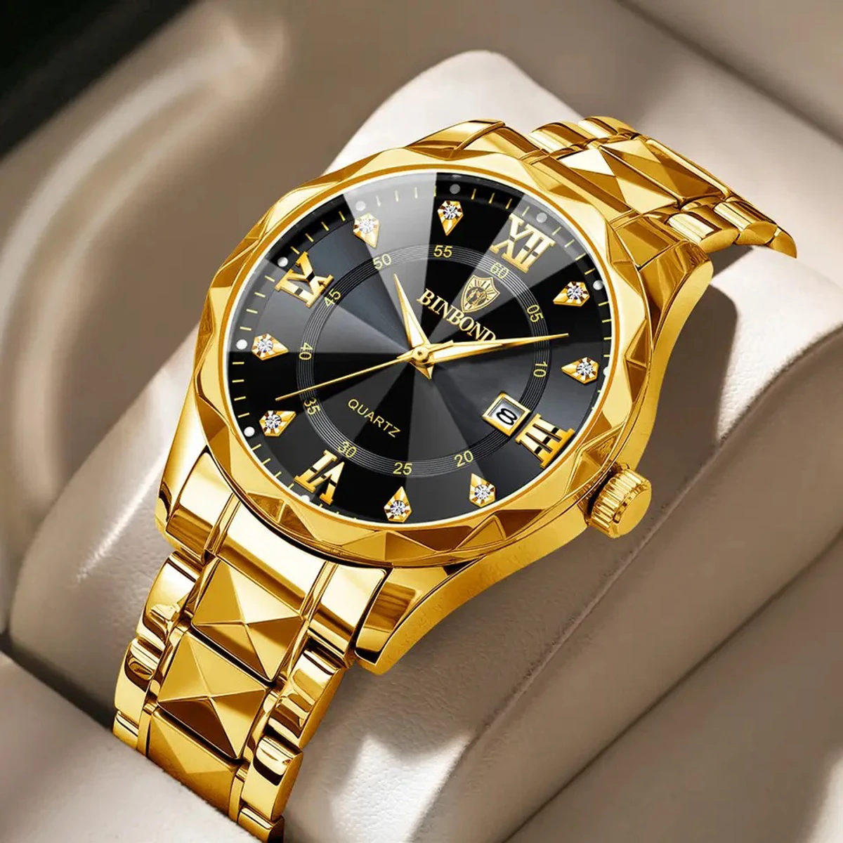 Luxury Binbond authentic men's watch waterproof night light dual calendar watch men's quartz watch diamond ceiling glass- Black & Golden